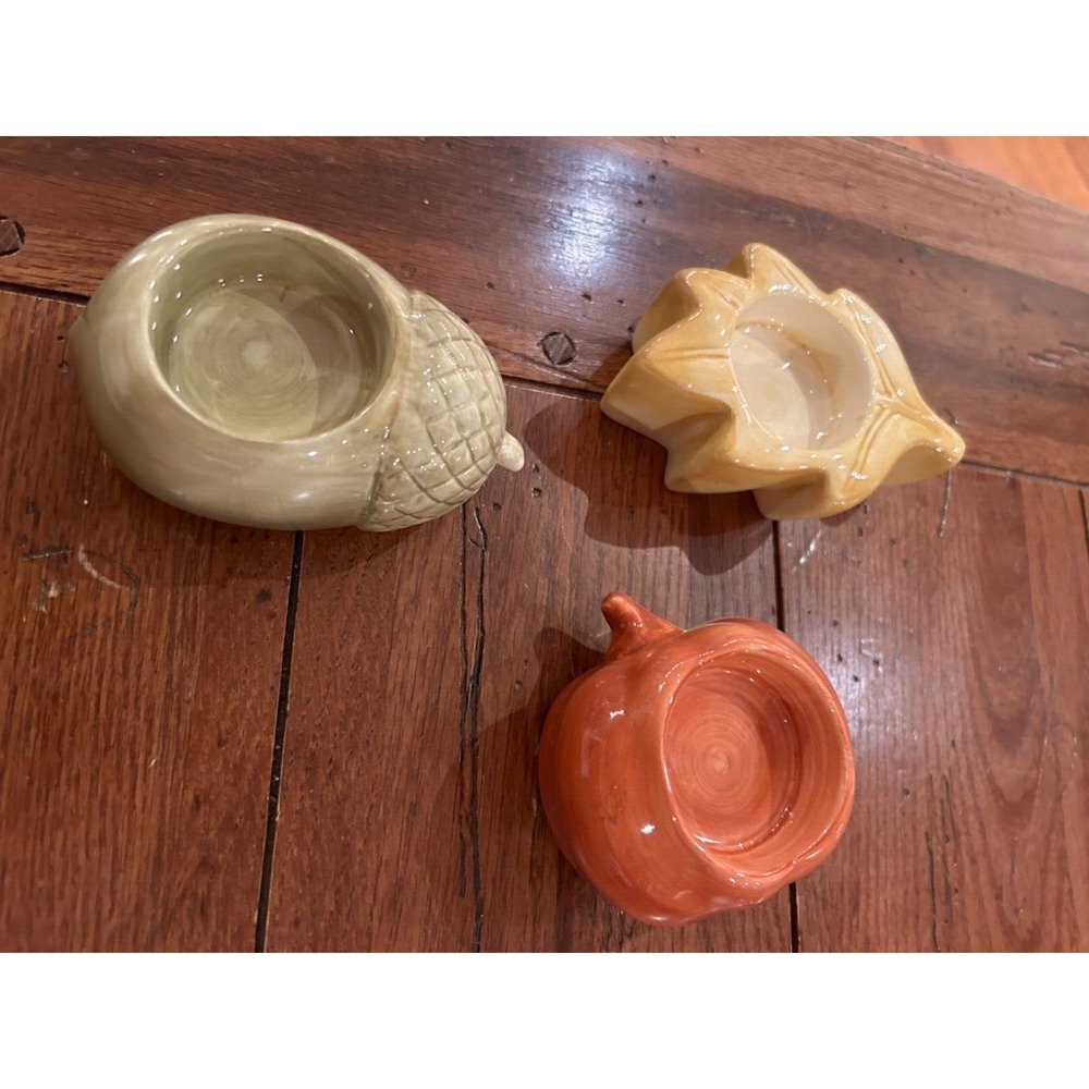 3 Fall Autumn Themed Halloween tealight votives acorn leaf pumpkin ceramic EUC